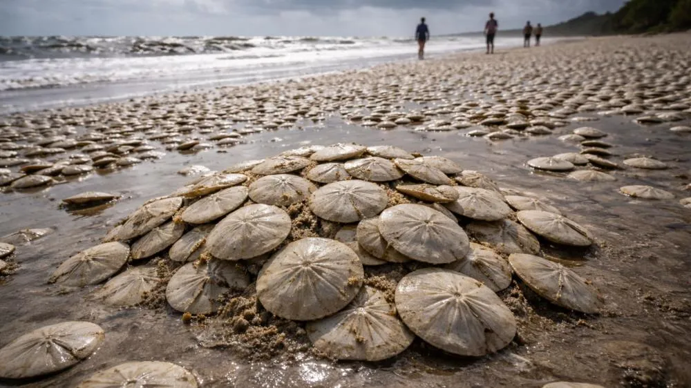 Praia de Ilha Comprida amanhece coberta por bolachas-do-mar e fenômeno chama atenção no litoral de SP